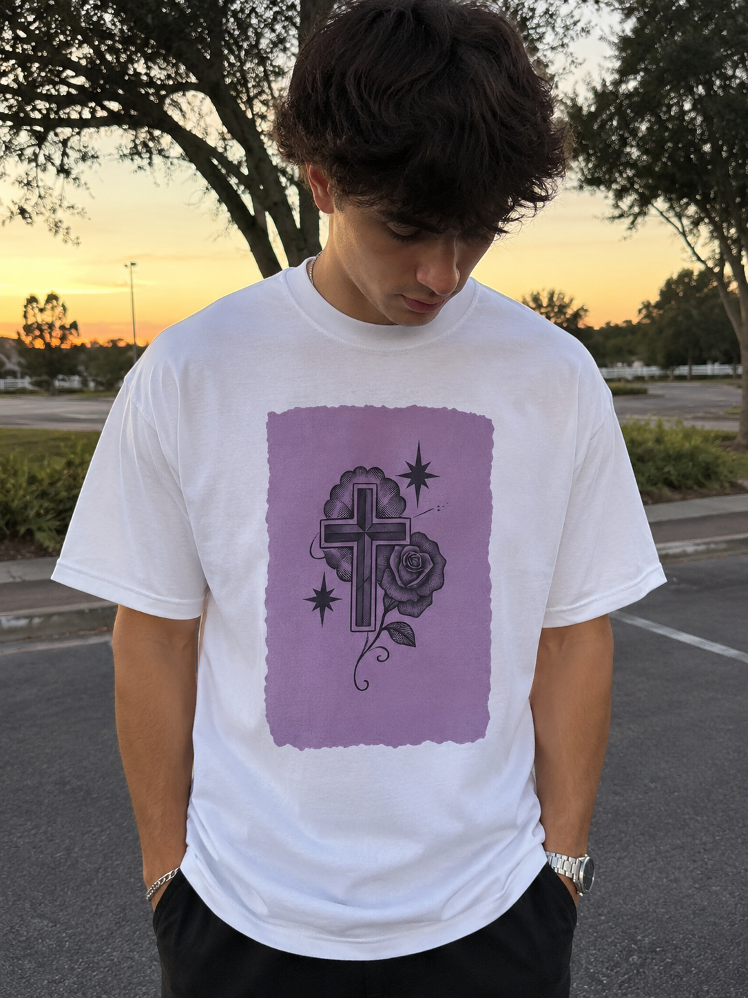 Flowered Cross, Purple Scroll